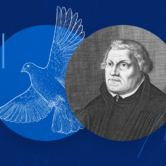 Picture of a dove representing the Holy Spirit adjacent to a picture of Martin Luther