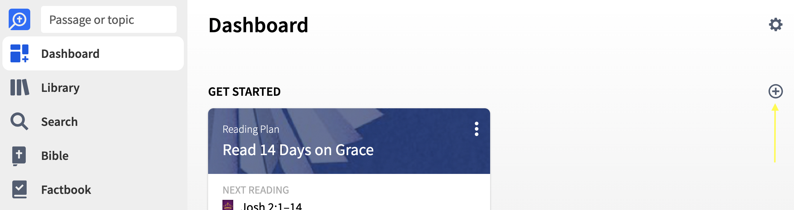 The Logos Bible Study app open to the dashboard with the Get Started and Reading Plan section in view. 