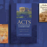 an image displaying the Pentecostal books, left to right: International Dictionary of Pentecostal Charismatic Movements, Vol. 1 of Acts: An Exegetical Commentary, and The Holiness-Pentecostal Tradition. Parts of the article are in the background.