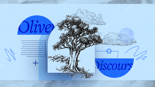 Image depicting the words Olivet Discourse on either side of a strong tree. An excerpt from an article is shown on the left side, representing the theological discussion of the Olivet Discourse.