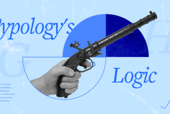 Antique gun being drawn, with Typology's Logic in blue font representing Chekov's gun. A portion of the article is displayed on lower left.