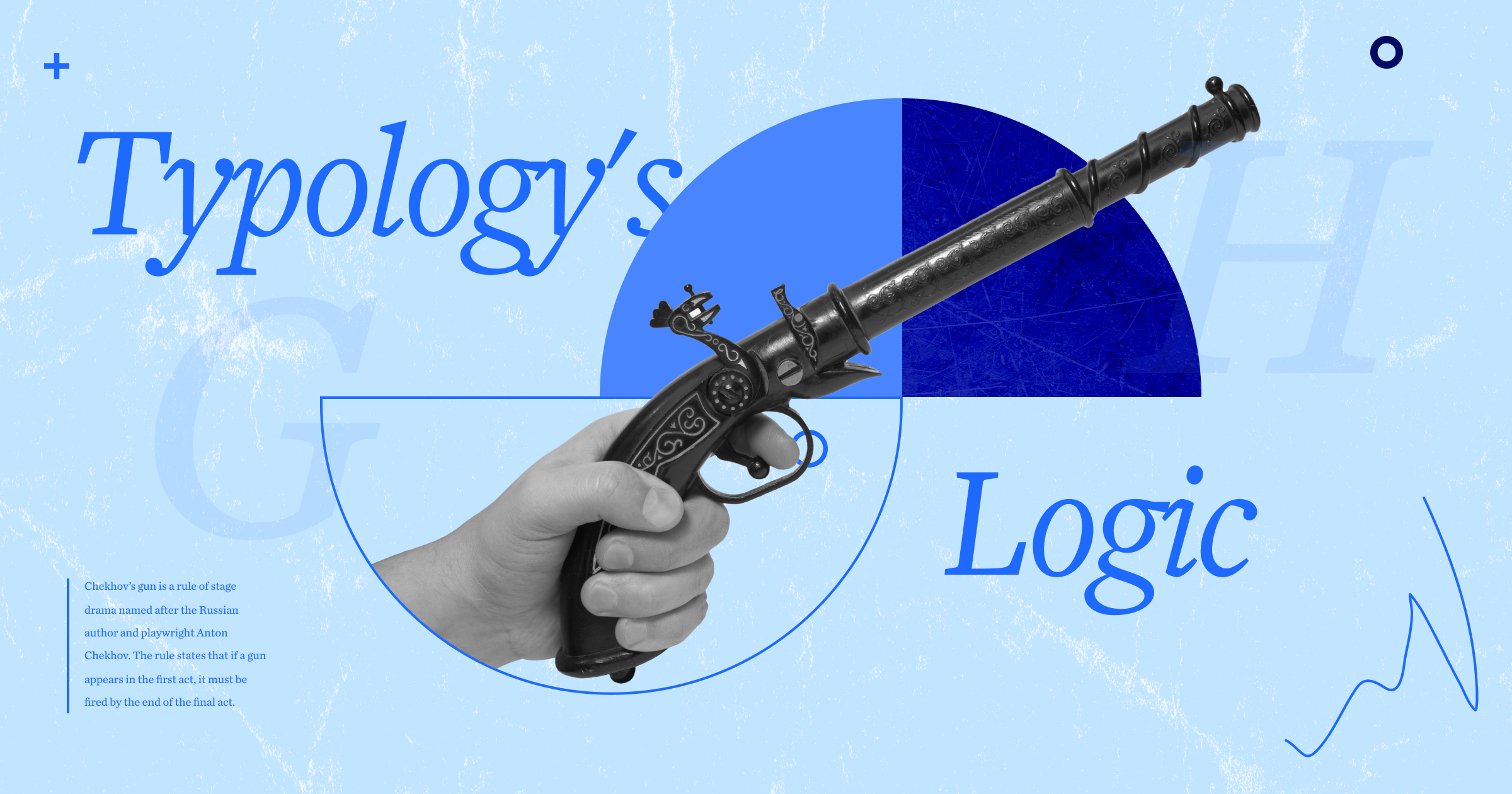 Antique gun being drawn, with Typology's Logic in blue font representing Chekov's gun. A portion of the article is displayed on lower left.