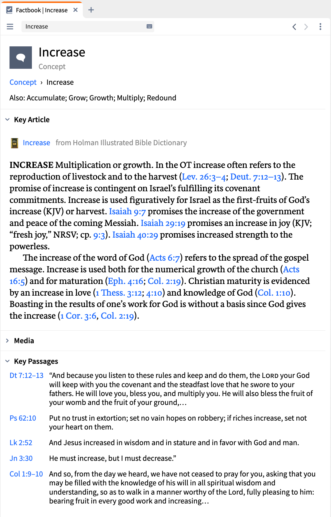 An image of Logos Bible study app's Factbook open to a study on the concept of Increase in Scripture.