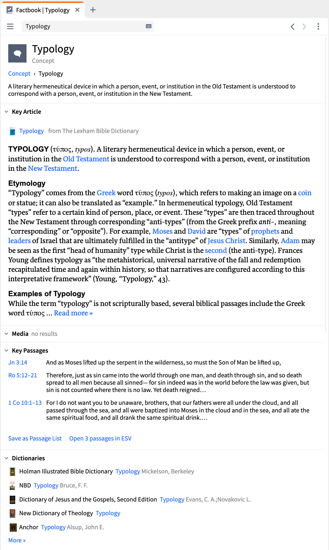 a screenshot of the Factbook tool in the Logos Bible Software open to Typology. 