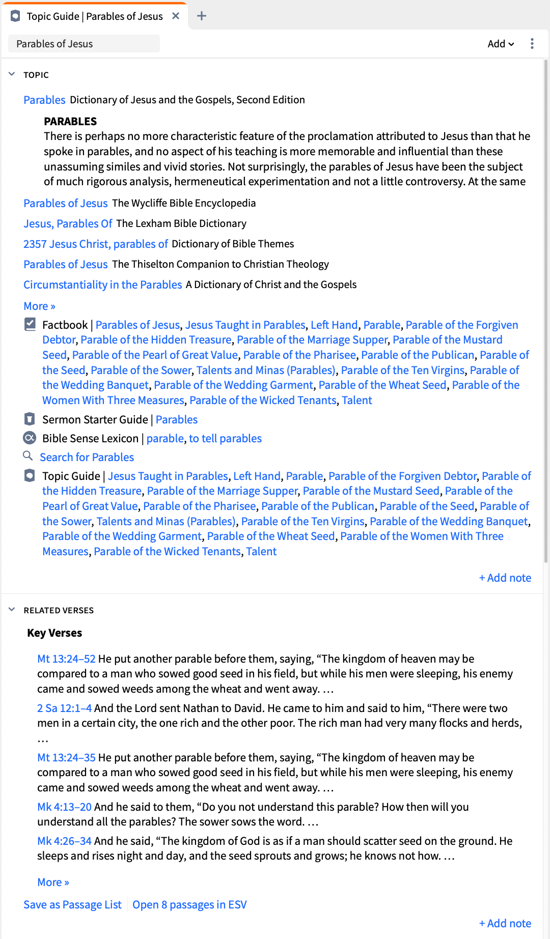 An image of Logos Bible Software's Topic Guide opened to a search on the Parables of Jesus.
