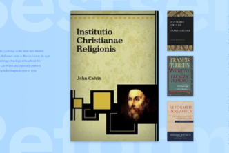 An image of four book covers from the article on essential Reformed books and part of the text to the sides.