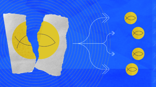 An image depicting a fish drawing on a piece of paper being divided into four separate fish images with arrows symbolizing the concepts of division and multiplication as mentioned in the Bible.