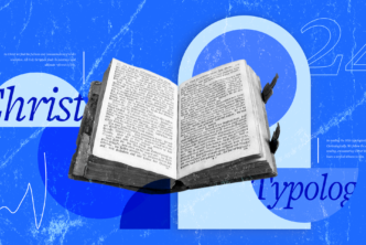 An open Bible with article text on opposite ends, blue font words that read Christ and Typology