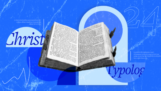 An open Bible with article text on opposite ends, blue font words that read Christ and Typology