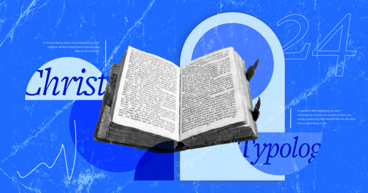 An open Bible with article text on opposite ends, blue font words that read Christ and Typology