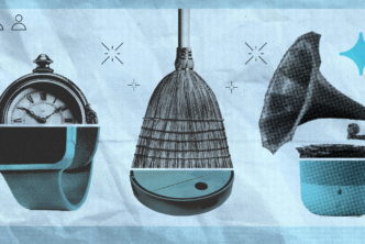 An image of 3 items that have been replaced by smart technology: watches, brooms, and a phonograph.