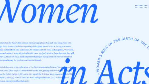 The words women in Acts in large type with content from the article in the background.