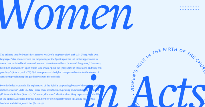 The words women in Acts in large type with content from the article in the background.