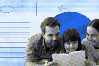 A family gathered around a book, symbolizing togetherness during a Bible study session.