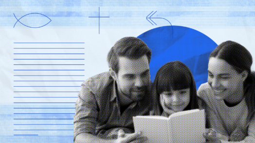 A family gathered around a book, symbolizing togetherness during a Bible study session.