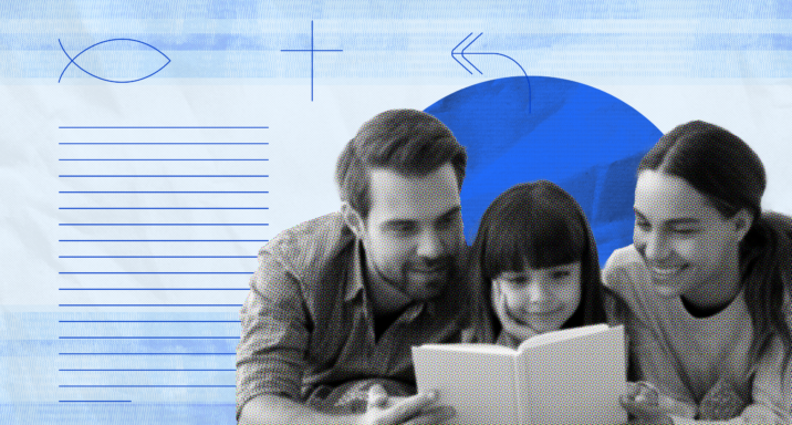 A family gathered around a book, symbolizing togetherness during a Bible study session.