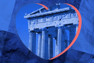 An image of the Great Temple of Athena with a heart outline to represent liberal democracy.