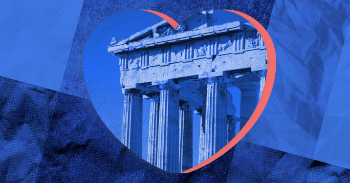 An image of the Great Temple of Athena with a heart outline to represent liberal democracy.