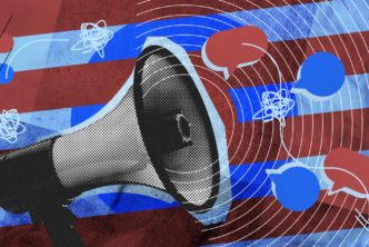 A megaphone with speech bubbles near its microphone, with blue and red stripes in the background representing politics.