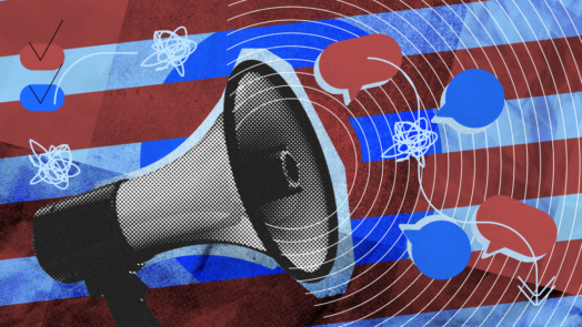 A megaphone with speech bubbles near its microphone, with blue and red stripes in the background representing politics.