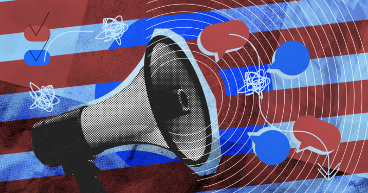 A megaphone with speech bubbles near its microphone, with blue and red stripes in the background representing politics.