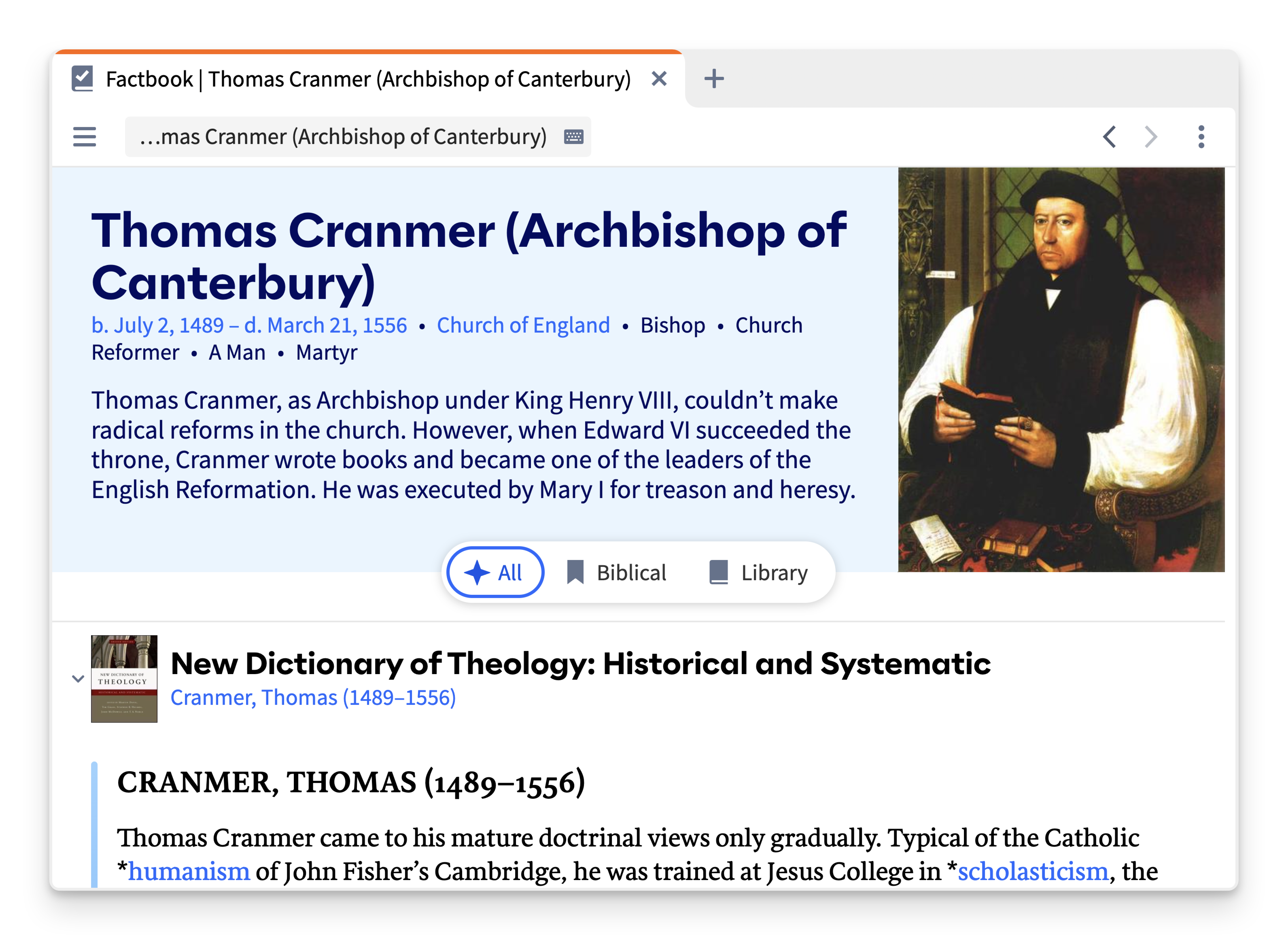 An image of Logos's Factbook entry on Thomas Cranmer.