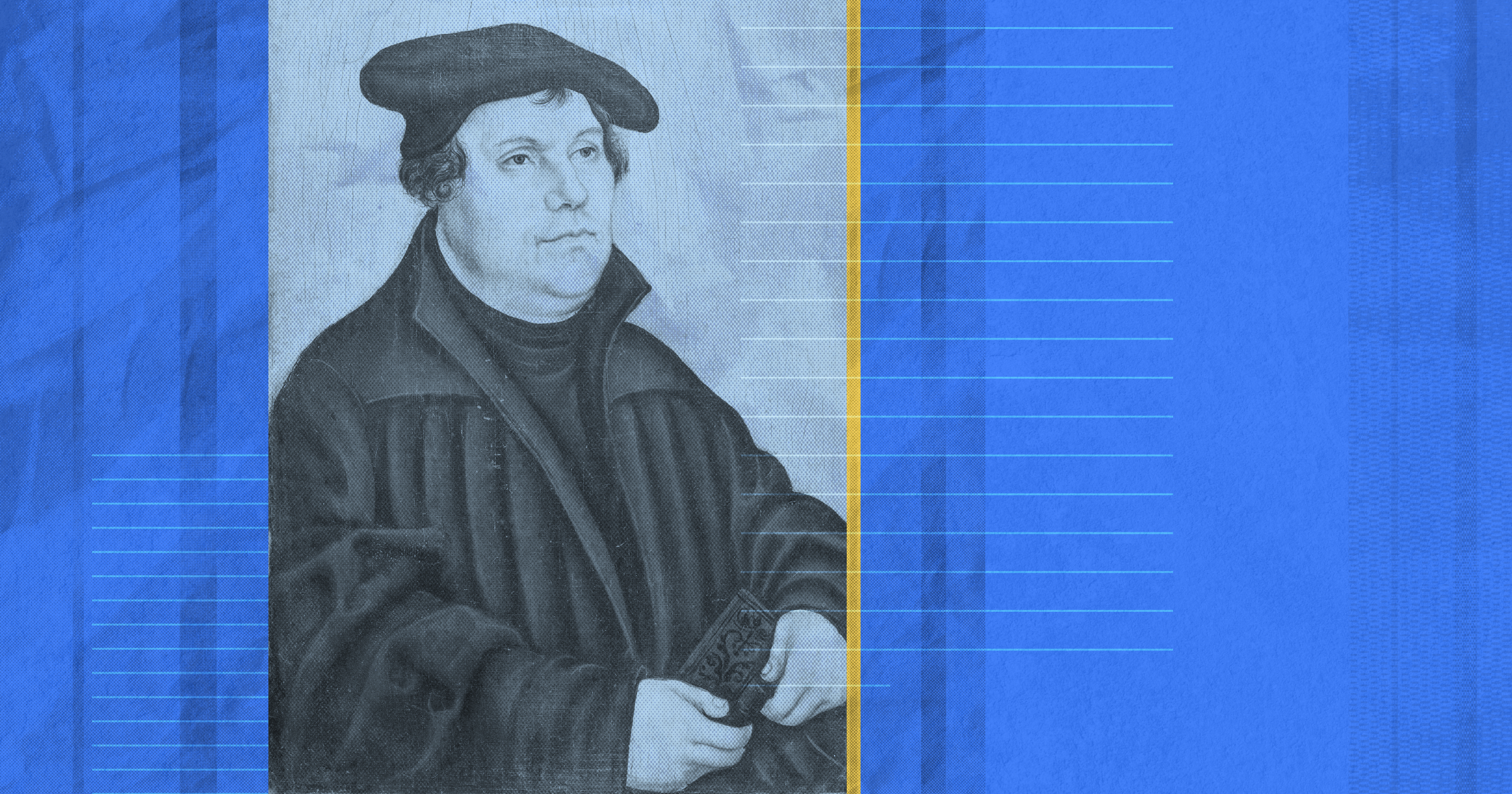 An illustration of Martin Luther, symbolizing Lutheran Bible study, with Luther holding an open Bible, emphasizing the importance of Scripture in Lutheran theology.