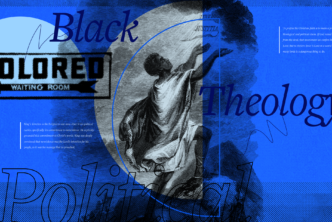 An header image containing a picture of an illustration from An Appeal to Heaven, other images that reflect the Black struggle, like a Jim Crow whites only sign, and large letters that read, Black Political Theology.