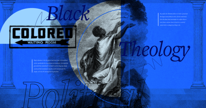 An header image containing a picture of an illustration from An Appeal to Heaven, other images that reflect the Black struggle, like a Jim Crow whites only sign, and large letters that read, Black Political Theology.