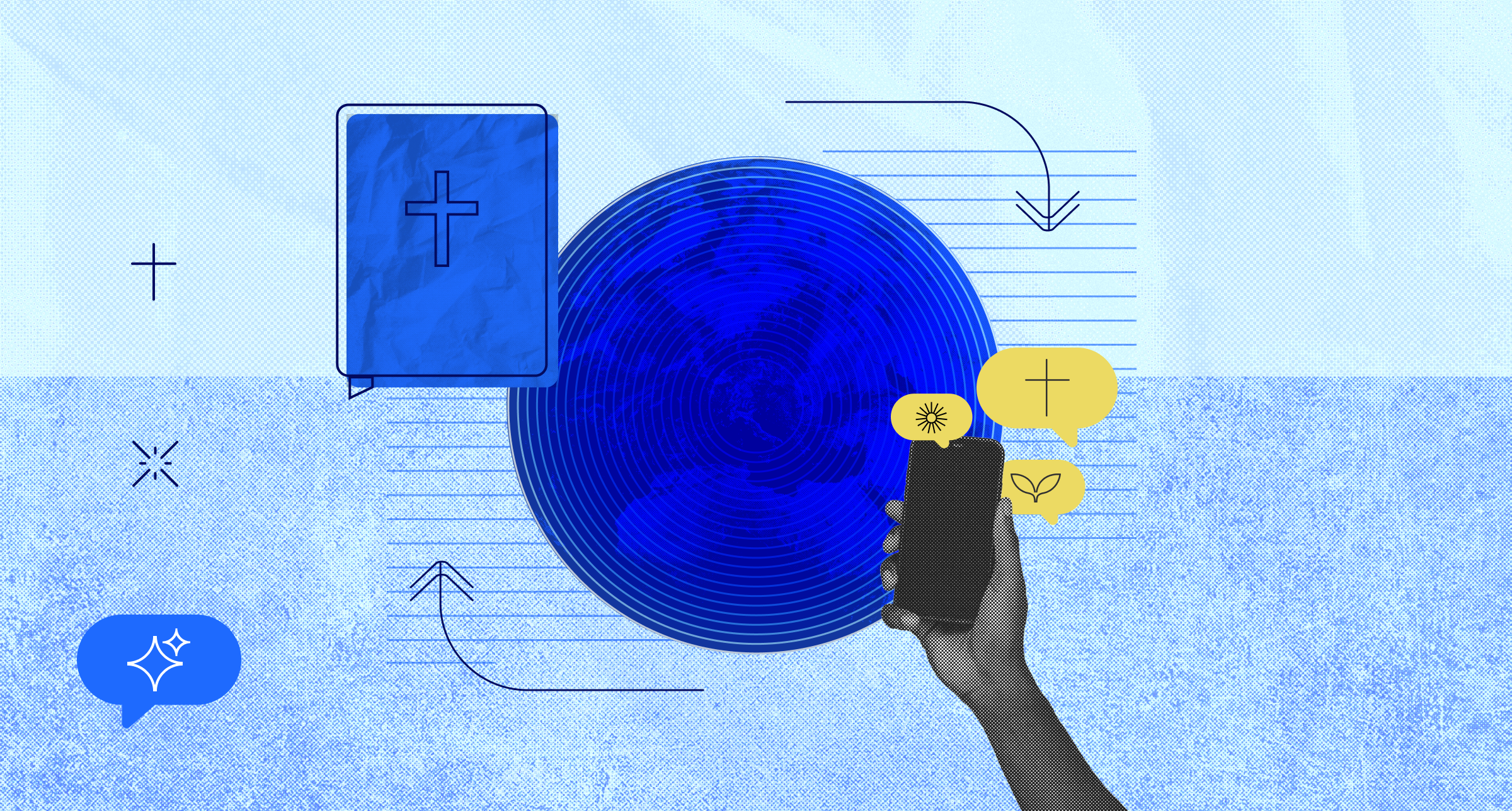 An illustration of a hand holding a smartphone with an arrow pointing to the Bible and an arrow pointing from the Bible to the phone, signifying how technology fits in God's story.