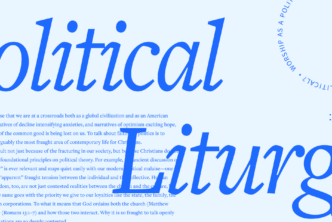 The words Political Liturgy in large, blue font with a portion of the article content in the background