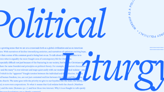 The words Political Liturgy in large, blue font with a portion of the article content in the background