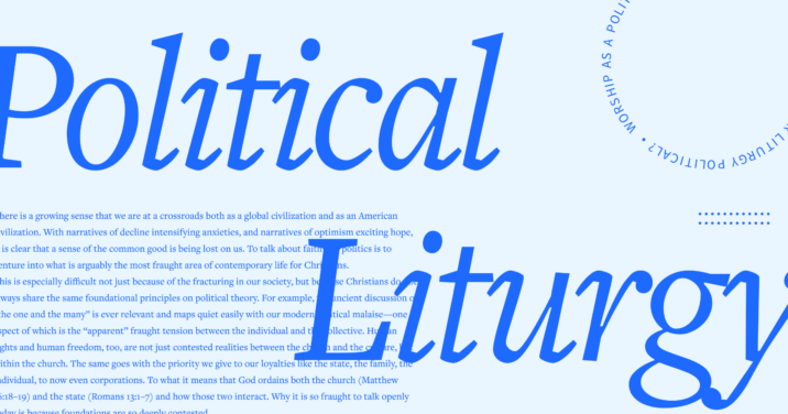 The words Political Liturgy in large, blue font with a portion of the article content in the background