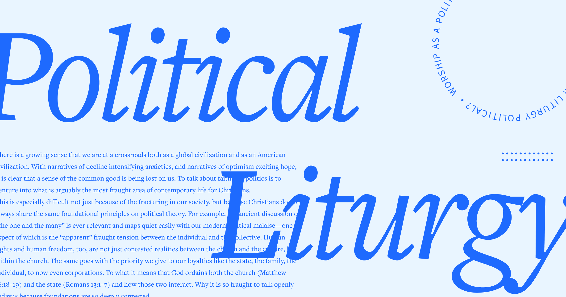 The words Political Liturgy in large, blue font with a portion of the article content in the background