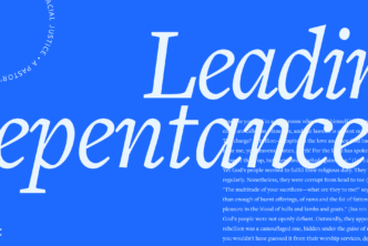 the words Leading and Repentance in large font with a portion of the article in the background.