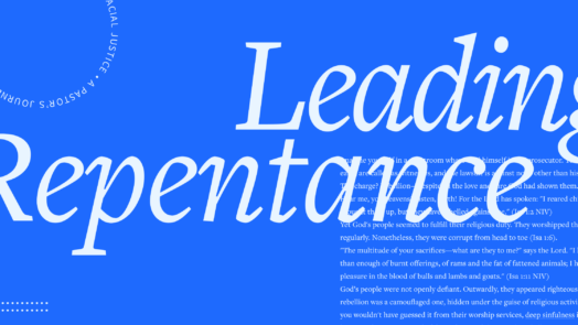 the words Leading and Repentance in large font with a portion of the article in the background.