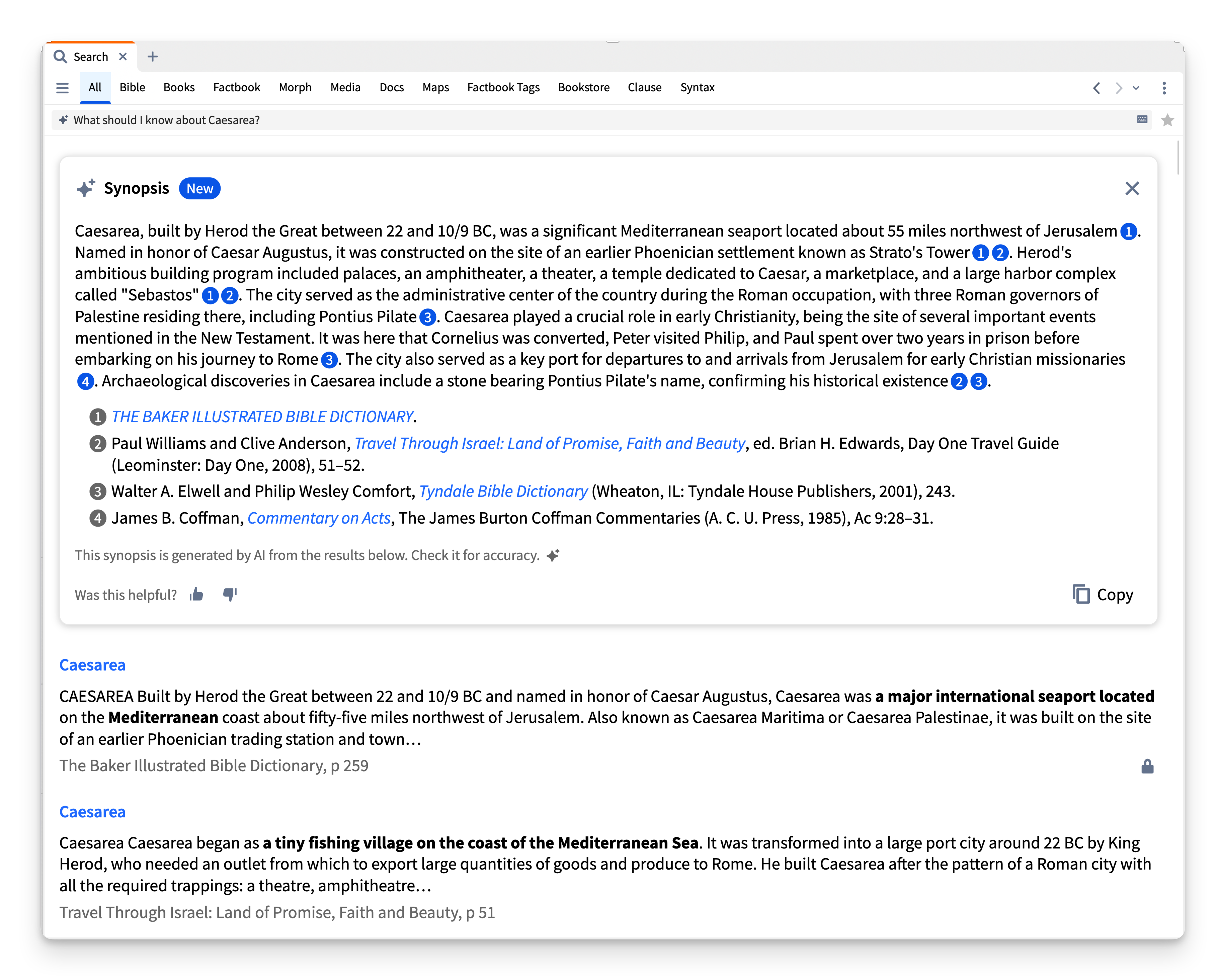 a screenshot of Logos's Smart Search and Synopsis feature.