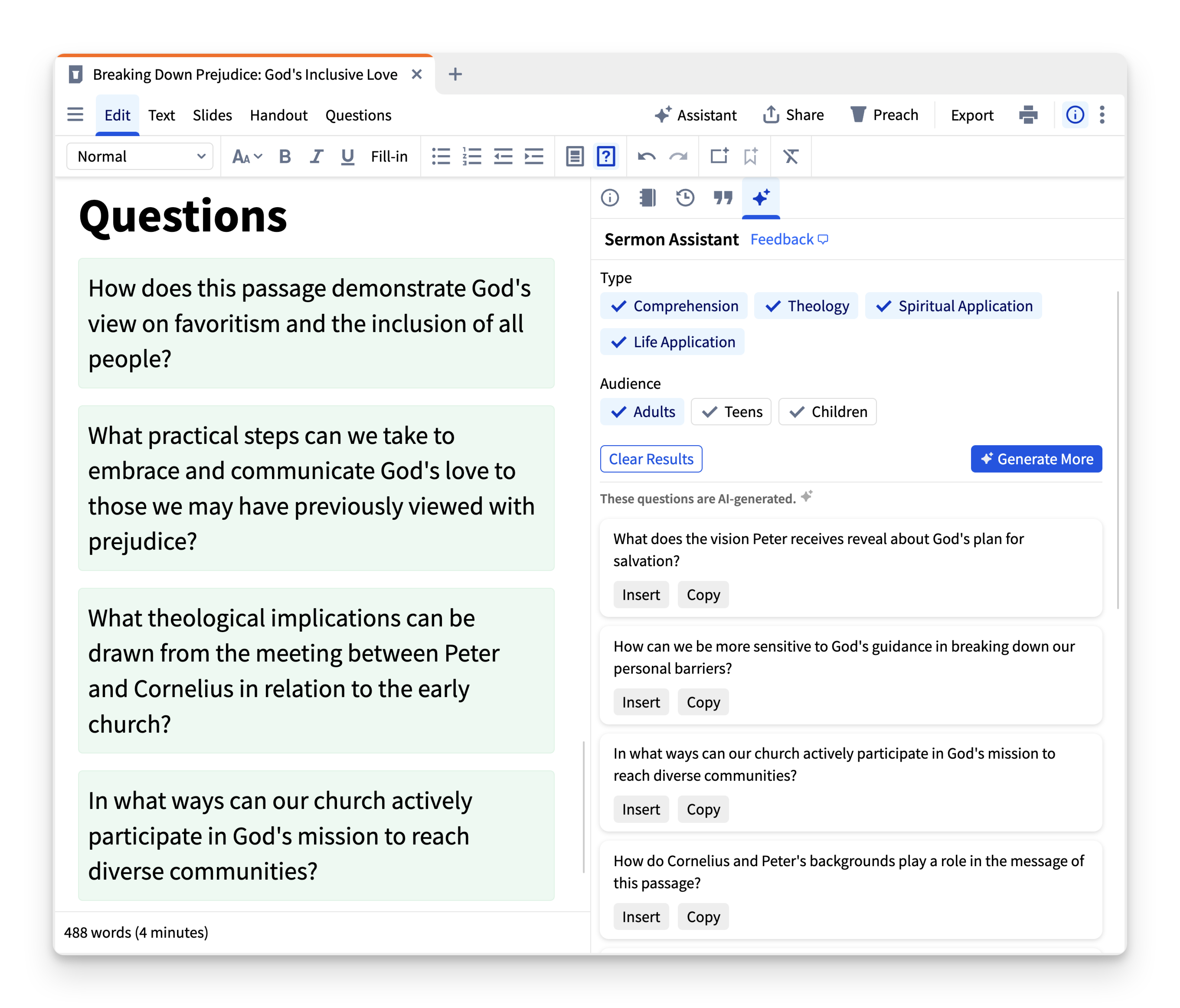 a screenshot of Logos's Discussion Questions generator.