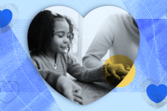 a child holding their parents hands framed by a heart to represent parenting virtues.