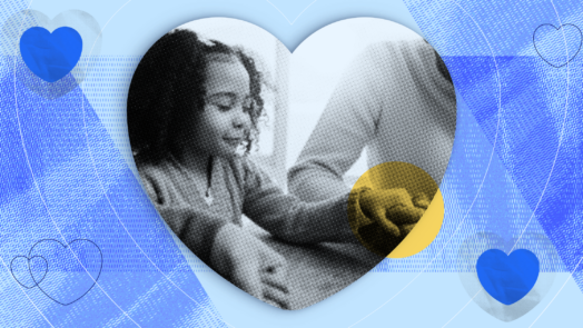 a child holding their parents hands framed by a heart to represent parenting virtues.