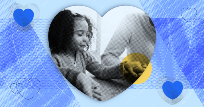 a child holding their parents hands framed by a heart to represent parenting virtues.