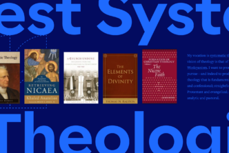 The words Best Systematic Theologies in large font with 5 featured resources in the center and a portion of the article to the right.