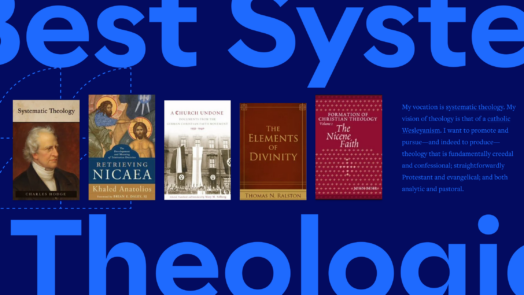 The words Best Systematic Theologies in large font with 5 featured resources in the center and a portion of the article to the right.