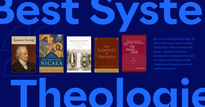 The words Best Systematic Theologies in large font with 5 featured resources in the center and a portion of the article to the right.