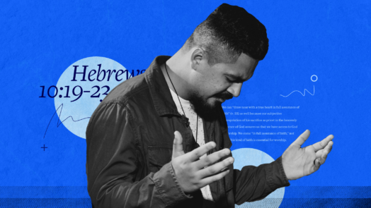 A man with his arms raised in worship and Hebrew 10:19-23 in blue font in the background with a portion of the article text to the side.