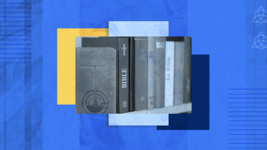 Collage of Bibles and dogmatic theology books on a blue background