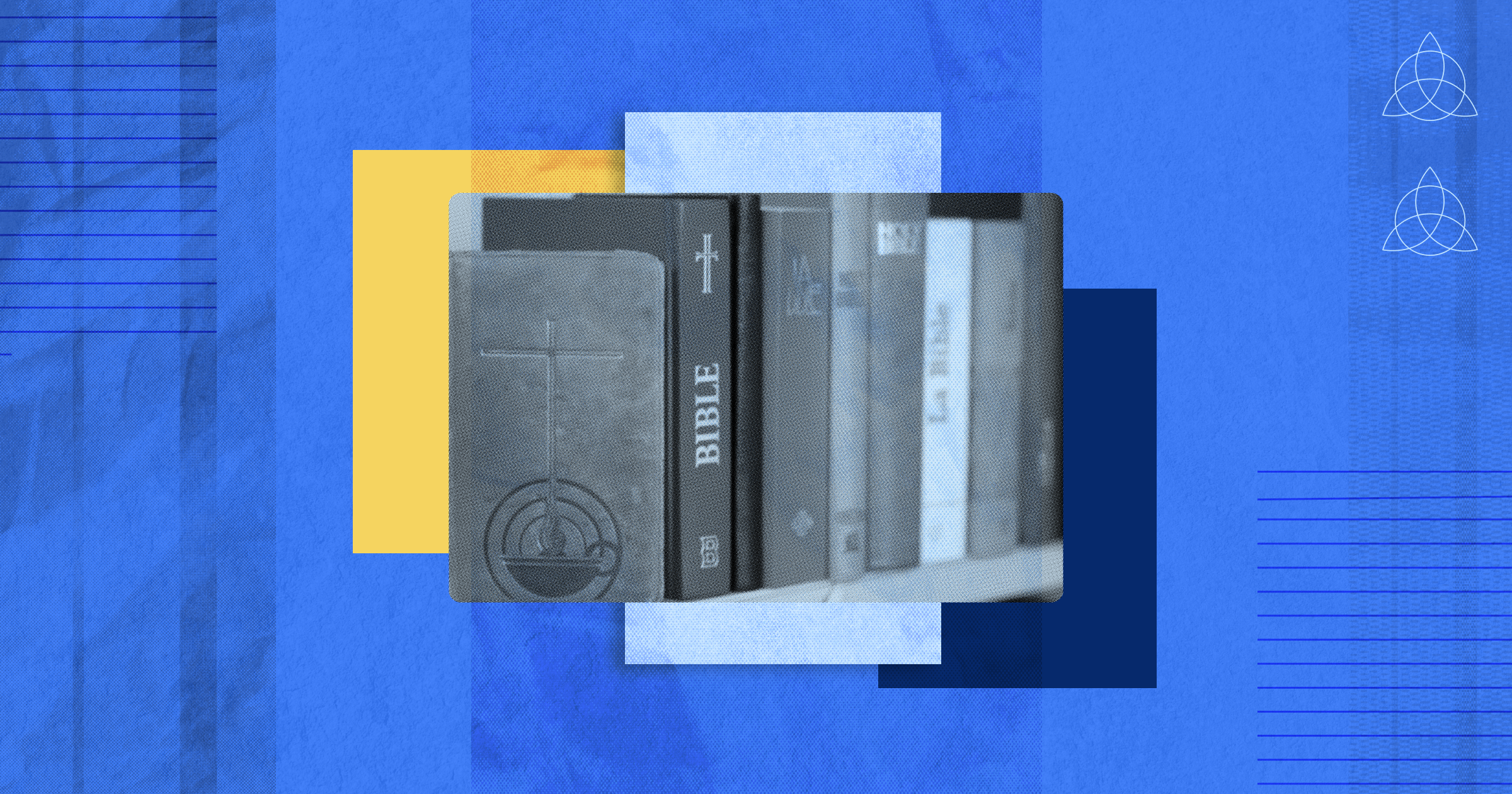 Collage of Bibles and dogmatic theology books on a blue background