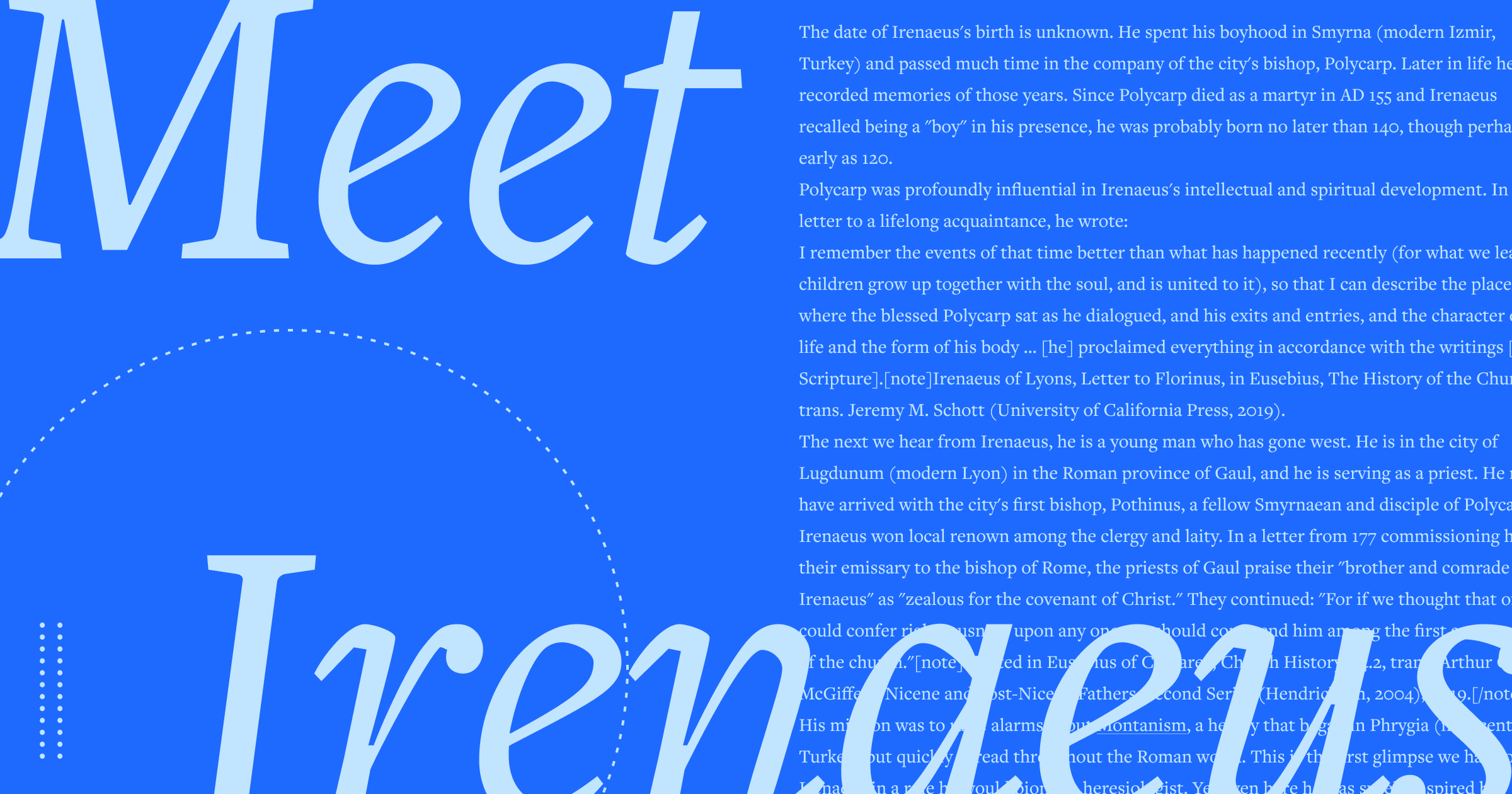 The words Meet Irenaeus in large font over a blue background and a portion of the article text to the right.