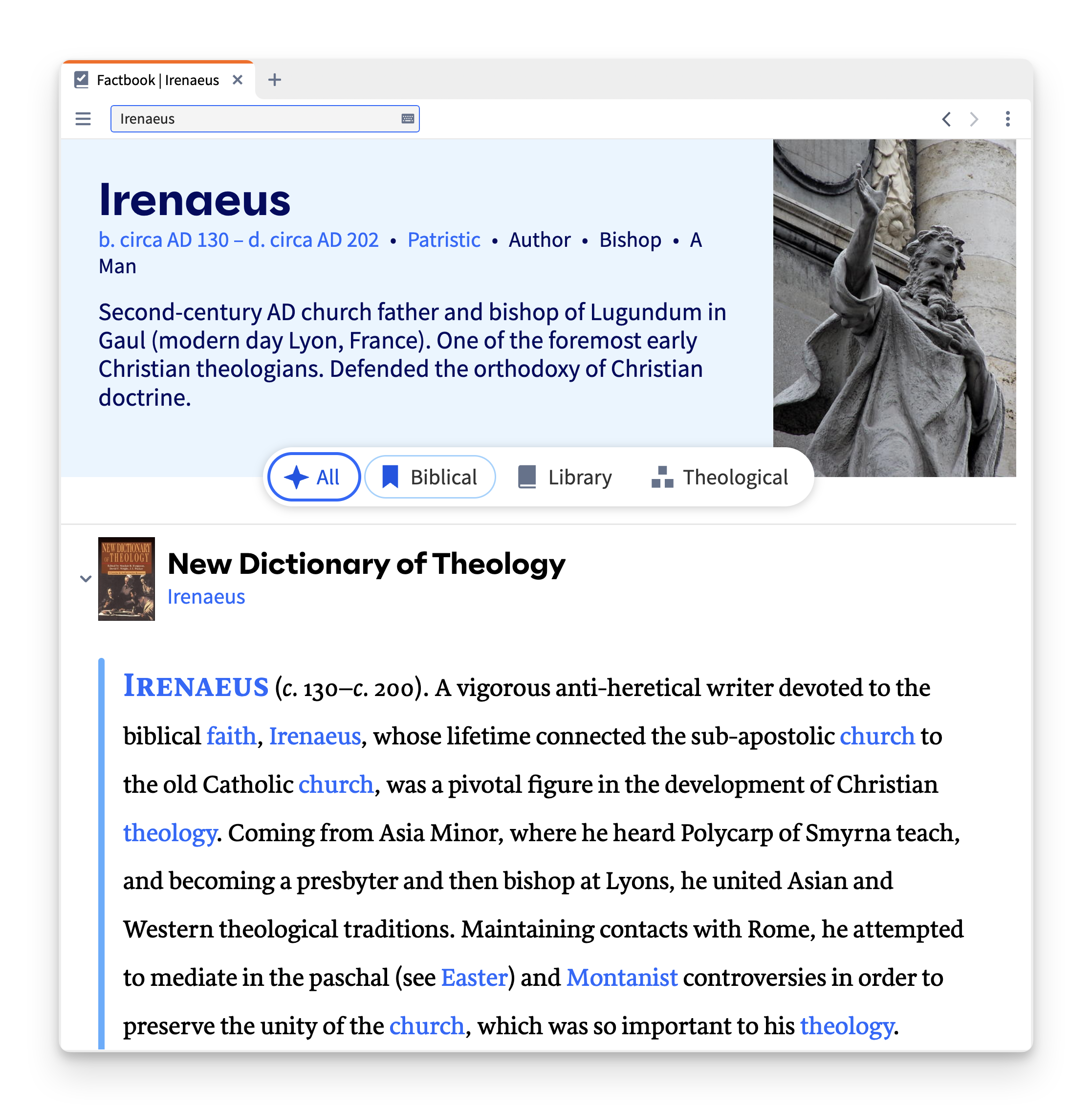 Logos's Factbook open to Irenaeus.