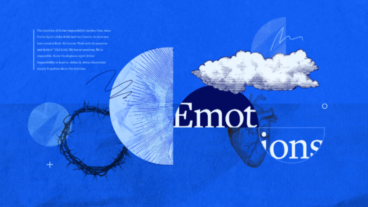 The word Emotions and an image of a cloud, a heart and a crown of thorns to represent divine impassibility. A portion of the article text is featured on the upper left.